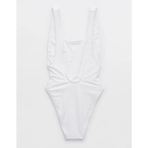 Aerie Shine Ribbed Birthday Scoop Cheekiest One Piece Swimsuit White Sz Small - Picture 4 of 10